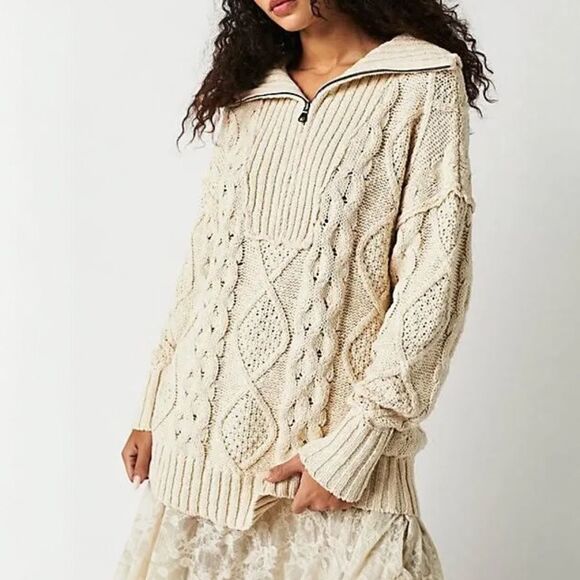 Free People Driftwood Cable Knit Polo in Ivory Size Medium M Fisherman Oversized - Picture 12 of 16